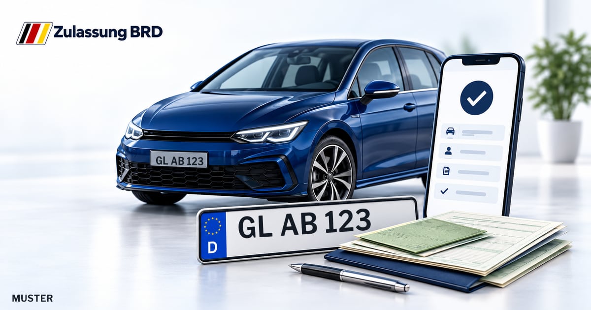 Online Fahrzeugzulassung in Odenthal: Musterkennzeichen GL AB 123, Auto und Fahrzeugpapiere und Smartphone. Illustration mit Logo von Zulassung BRD.